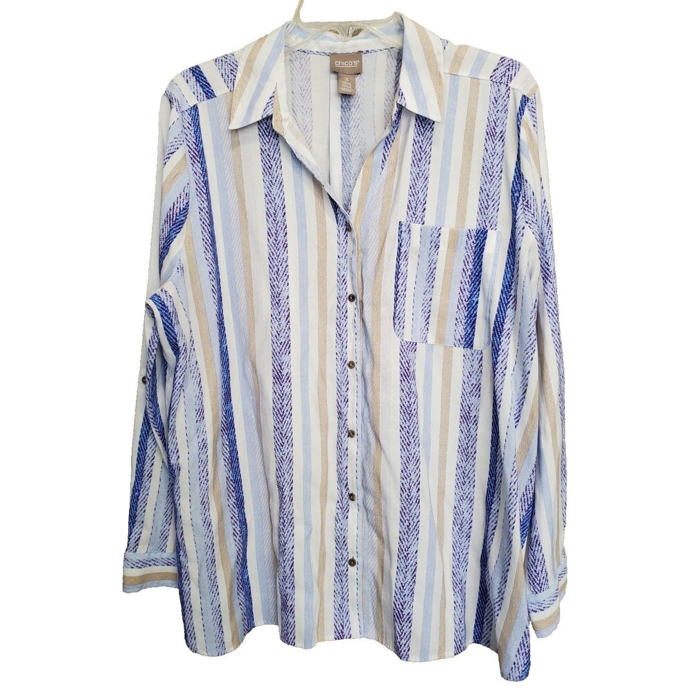 Chico's Rayon Blend Multicolor Stripe Long Sleeve Button-Up Shirt Size 3 (XL)